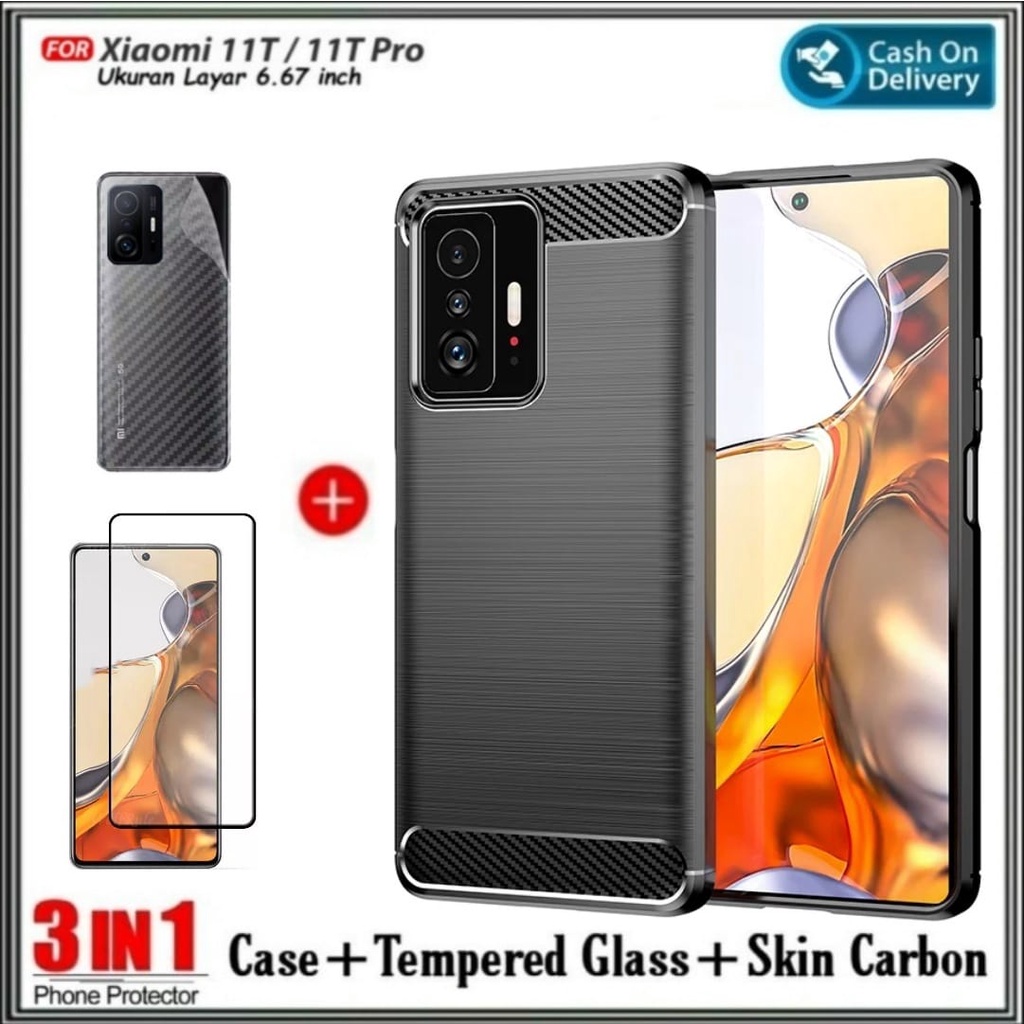 Soft Case Xiaomi 11T , 11T Pro Casing Ipaky Carbon Bonus Tempered Glass Layar Dan Garskin Carbon Anti Jamur Handphone