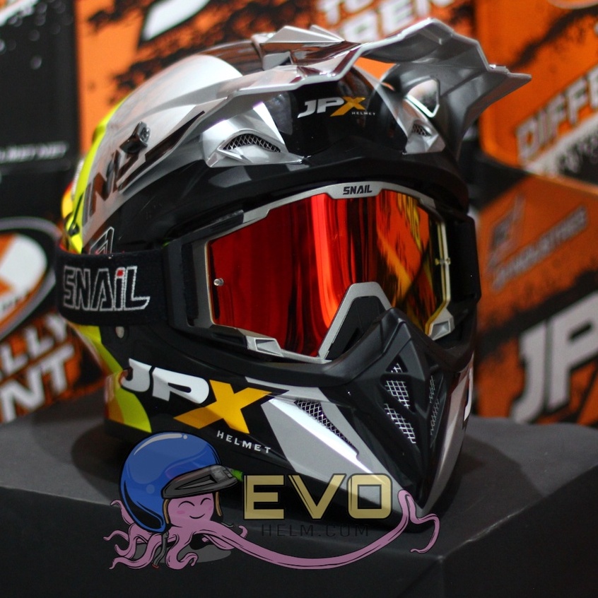 HELM JPX CROSS_FOX1 SERI X37 - SILVER GLOSS / RED + GOOGLE SNAIL (ONGKIR 2 KG) HELM JPX TERBARU