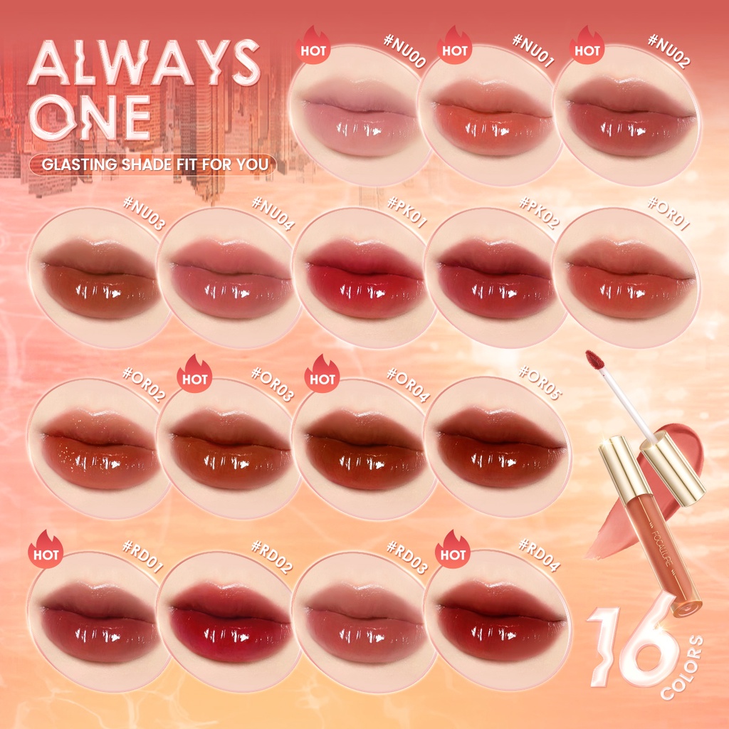 FOCALLURE #AmberGold Glasting Juicy Dewy Essence Lip Tint Jelly Lip Gloss High Pigmented Watery Non-sticky Lipstick