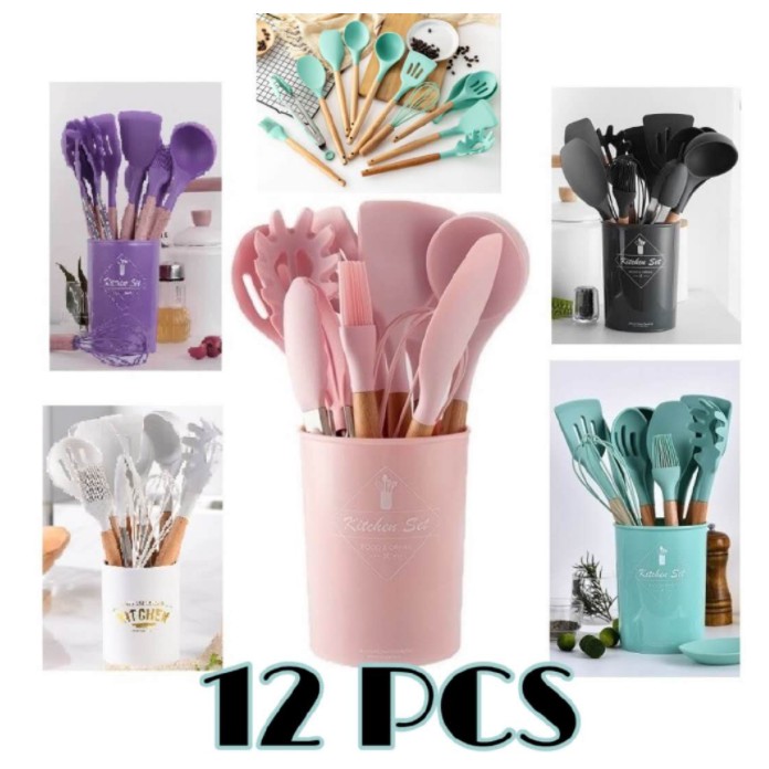 Alat Masak Set Kitchen Set Peralatan Masak 12pcs Bahan Kayu Silicon Anti Leleh Spatula Sutil