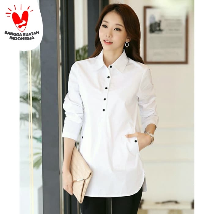 Kemeja katun cardinal branded shirt Hem flanel E3Q5 oversize casual lengan pendek Wanita lengan panj