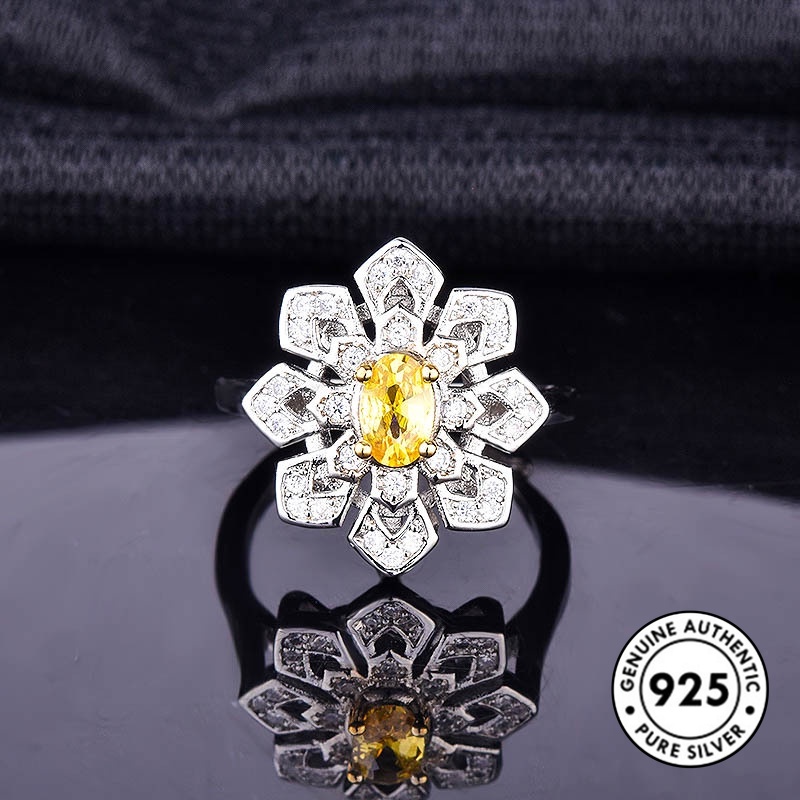 Cincin Silver S925 Bentuk Kepingan Salju Aksen Berlian Warna Kuning Untuk Wanita