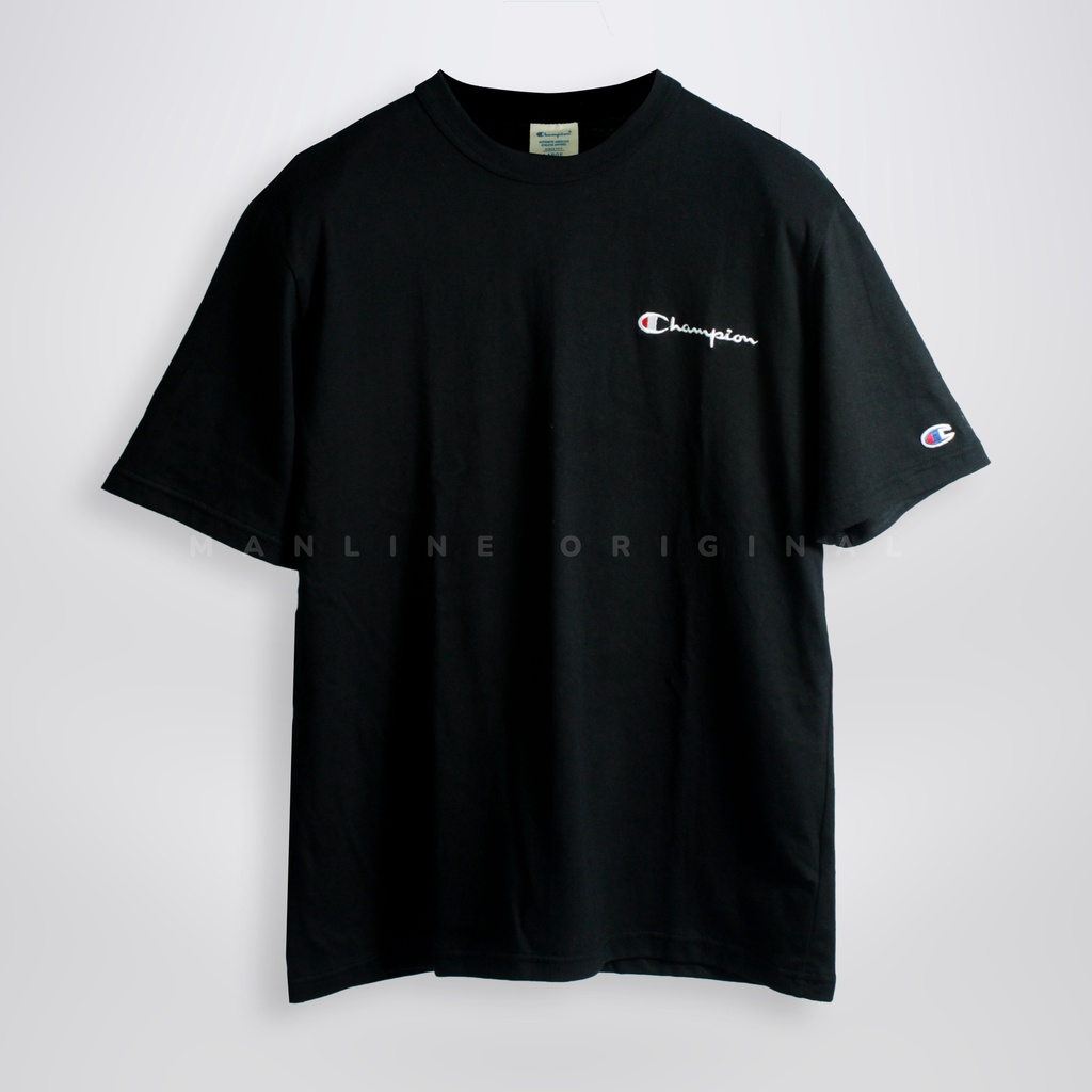 Kaos Polos Pria Branded / T-Shirt CHAMPION Original Small Script Embroidered Black - Japan Market C8