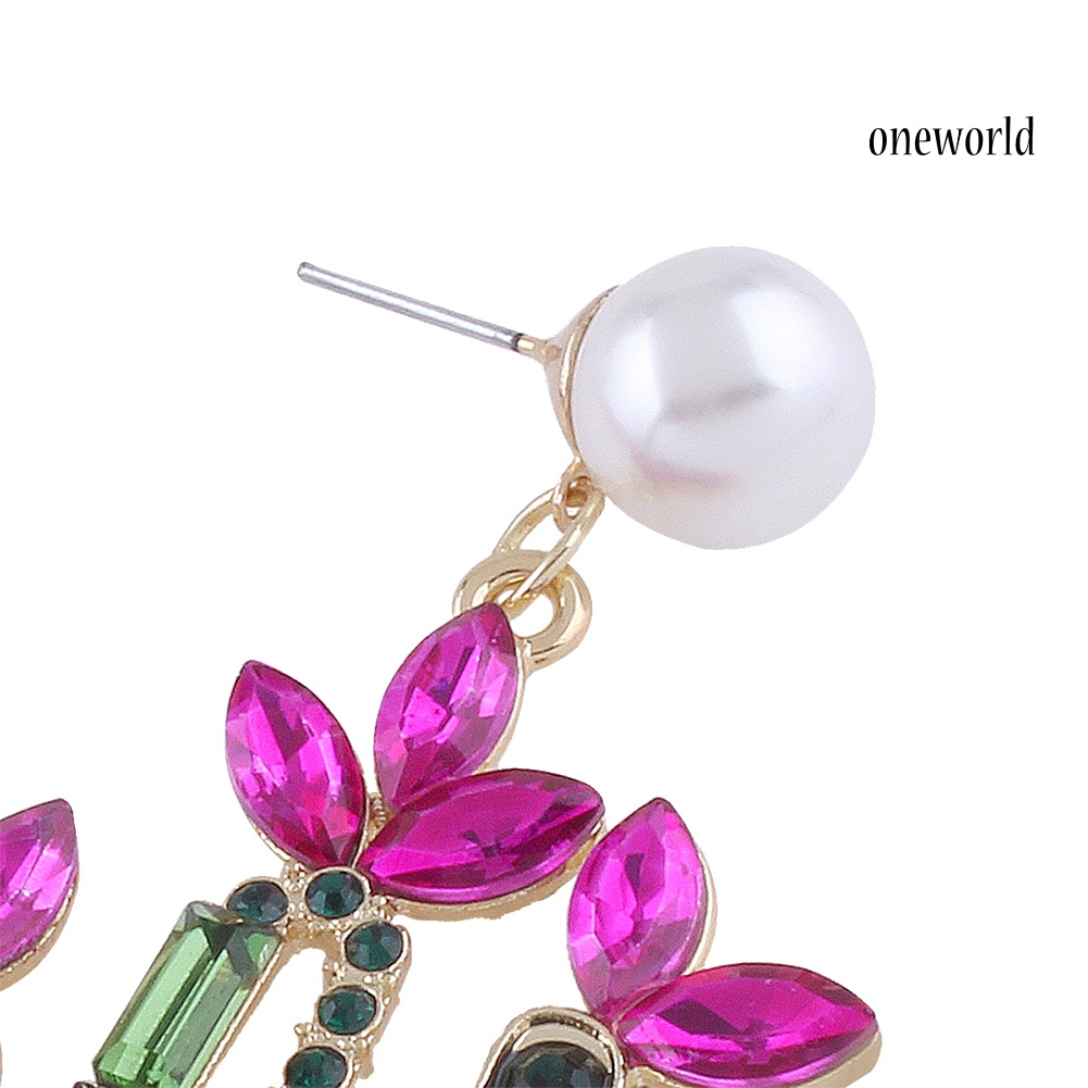 OW@ Women Colorful Rhinestone Cactus Faux Pearl Charm Statement Stud Earrings Gift