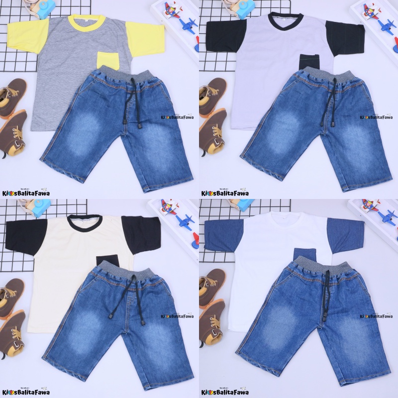 Setelan John Ethes uk 5-6 Tahun / Baju Anak Laki-Laki Lengan Pendek Celana Jeans Set Oblong Kantong