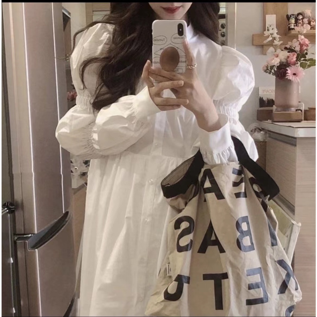 [S.T] Women White Long Sleeve Spring And Autumn Korean Midi Dress Gaun Wanita Lengan Panjang 2827 (S-XL)