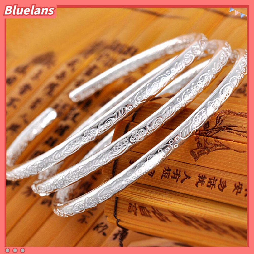 Bluelans Women Fashion Silver Plated Flower Engraved Open Bangle Bracelet Jewelry Gift