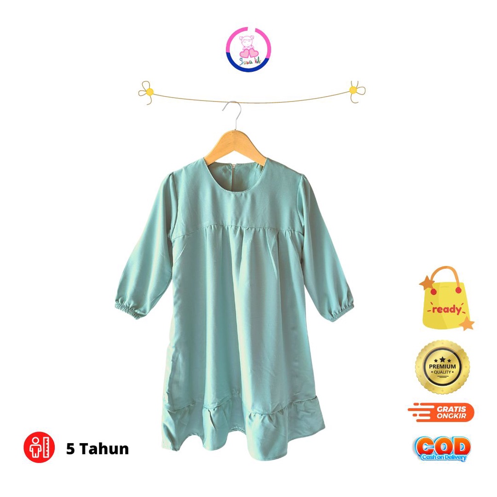 Baju Dres Dress Drees Anak Perempuan 5 tahun Bahan Premium Lembut Adem warna Hijau Tosca