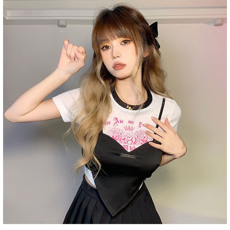 Hot girl spades heart stitching T-shirt wanita palsu dua potong slim fit all-match top trendy