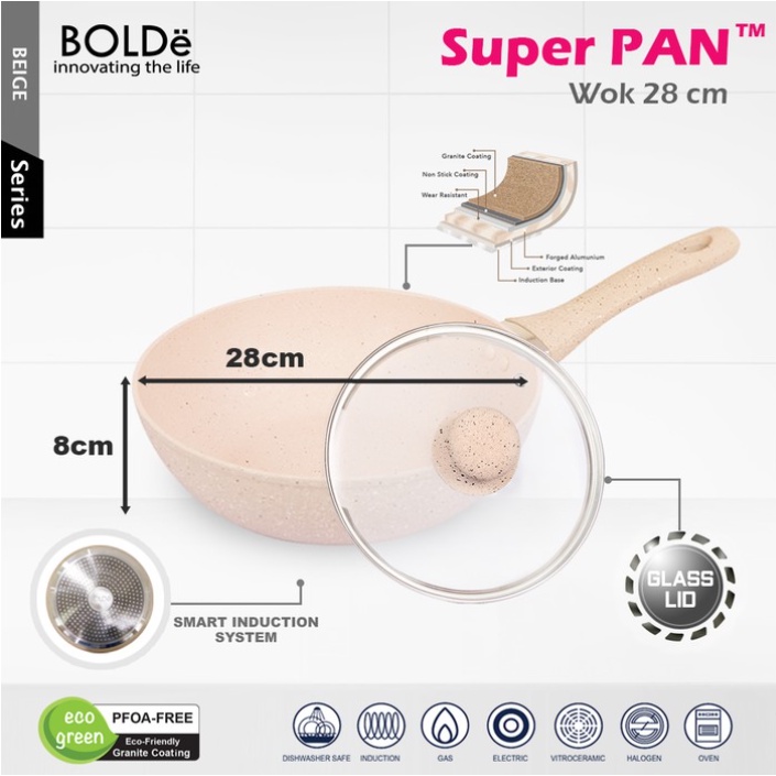 BOLDe Super Pan Wajan Wok Pan Granite Coating 28 CM + Glass Lid Tutup Kaca Beige