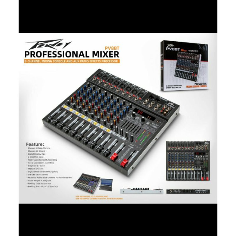 MIXER AUDIO PEAVEY PV8BT/PV 8BT 8CH USB-BLUETOOTH-RECORDING TO PC