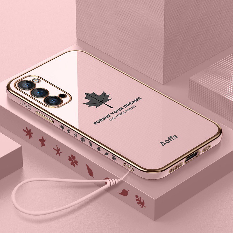 【Lanyard】Ultra-thin plating Case VIVO S1 PRO Y20S Y12 Y19 Y11 Y12S Y20i Y20 Y50 Y30 Y17 Y15 Y93 Y91C Luxury Maple Leaf Square Liquid Cover-pink