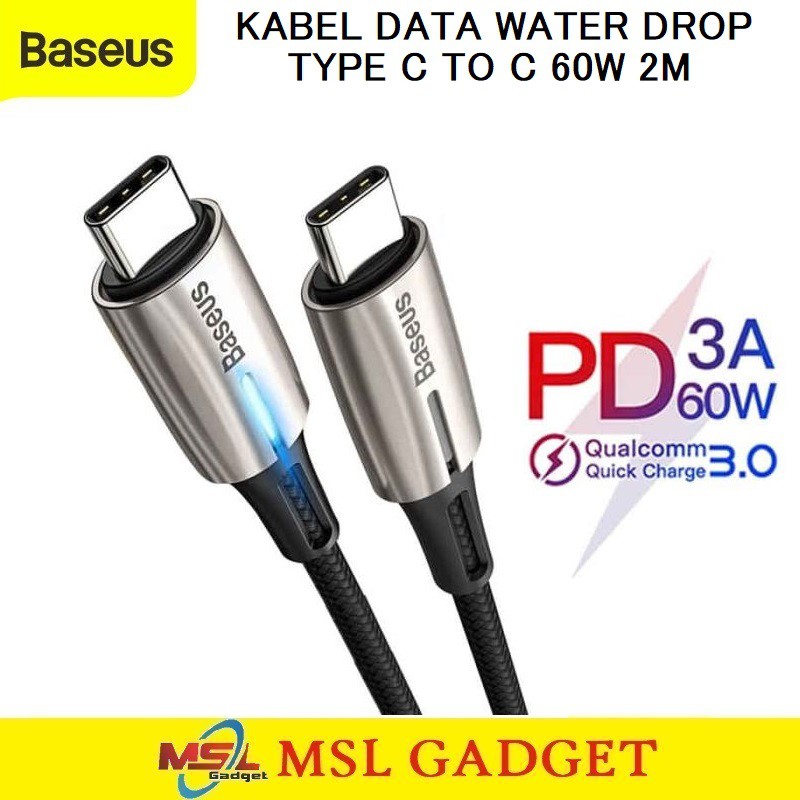baseus kabel data panjang type c to type c 3a 2m 60w qc3 0 pd fast charging water drop