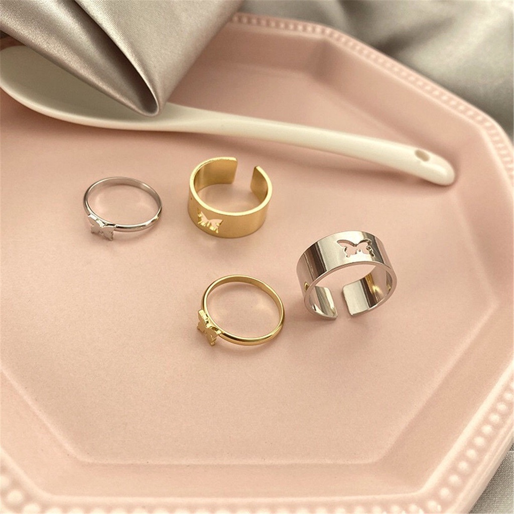 Set Cincin Model Terbuka Desain Butterfly Bintang Bulan Warna Emas Silver 17KM Dapat Disesuaikan Untuk Pasangan