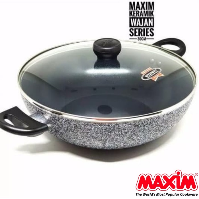 Maxim Neostone Wajan Wok 30cm  | Wajan Anti Lengket Marble Keramik + Tutup Kaca 30 cm