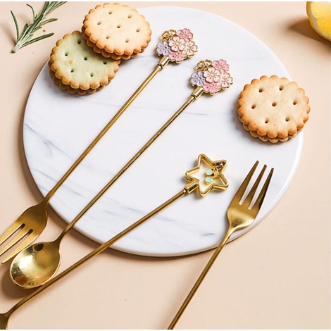 Sendok Garpu Kue Sakura Gold Fork Spoon Cake Motif Sakura Premium