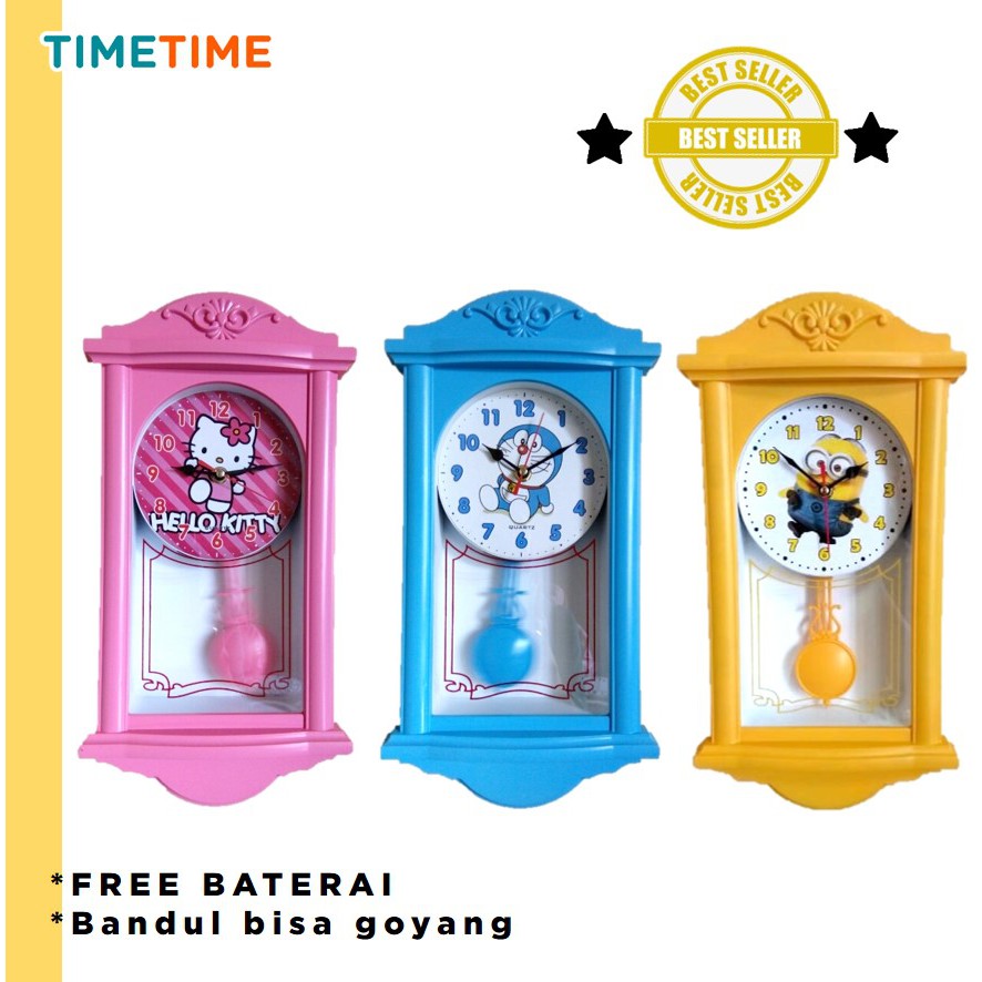 Jam Dinding Bandul Hello Kitty Minion Doraemon FREE BATERAI