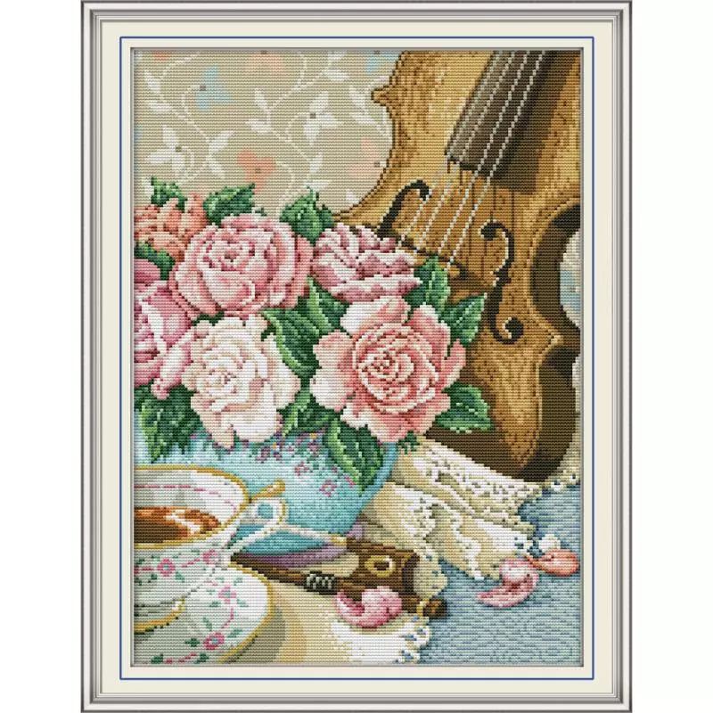 Paket Kristik Alat Musik Biola Dan Mawar Violin and Roses [ Sulam Strimin Pola Kain Cross Stitch DIY