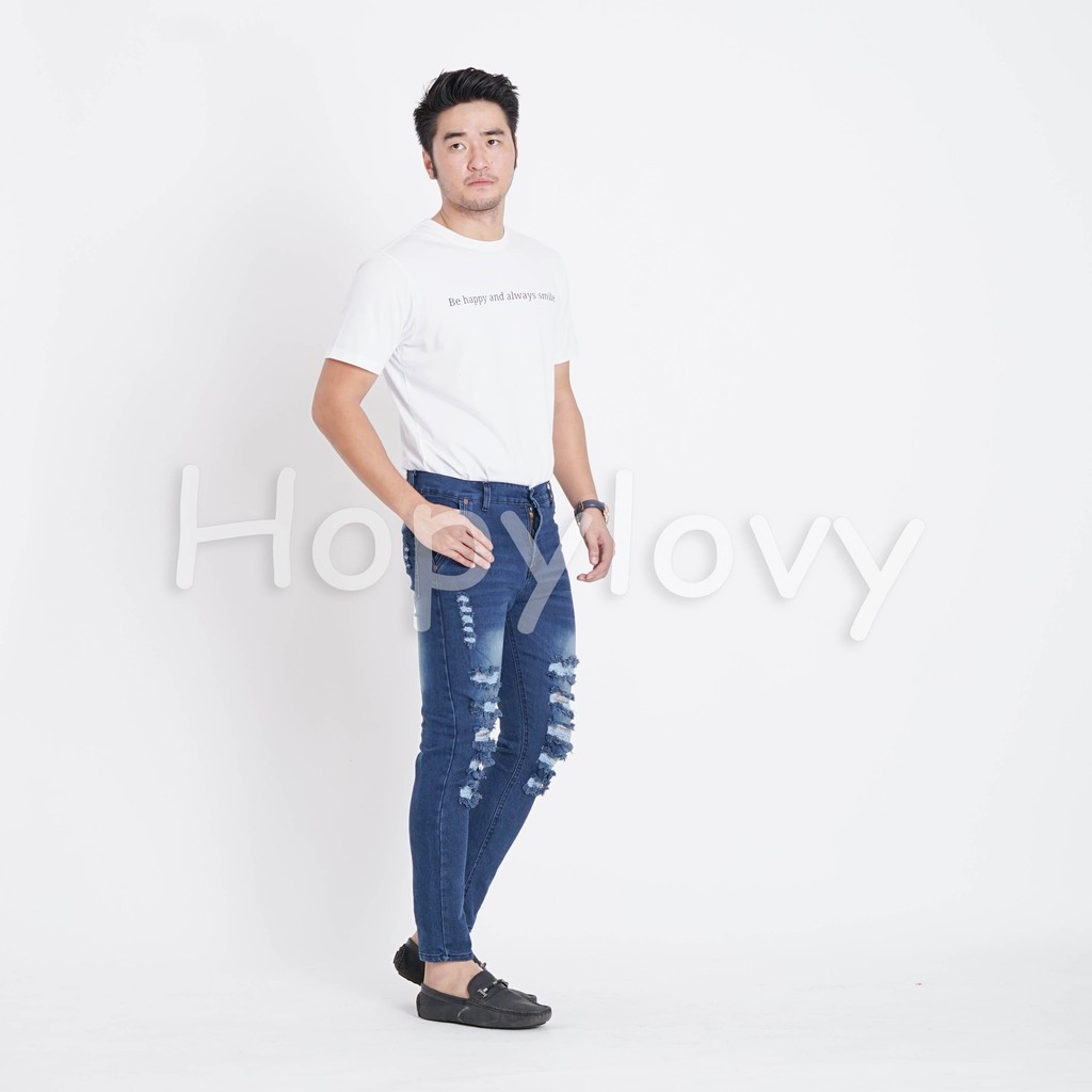 HOPYLOVY - Celana Jeans Panjang Pria Skinny Ripped Sobek Geijan