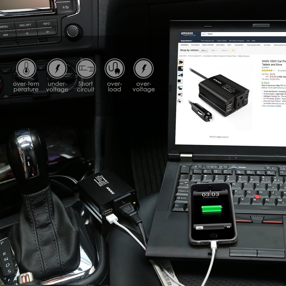 Taffware Power Inverter Mobil dengan 2 USB Port 150W 220V - PI-150W - Black