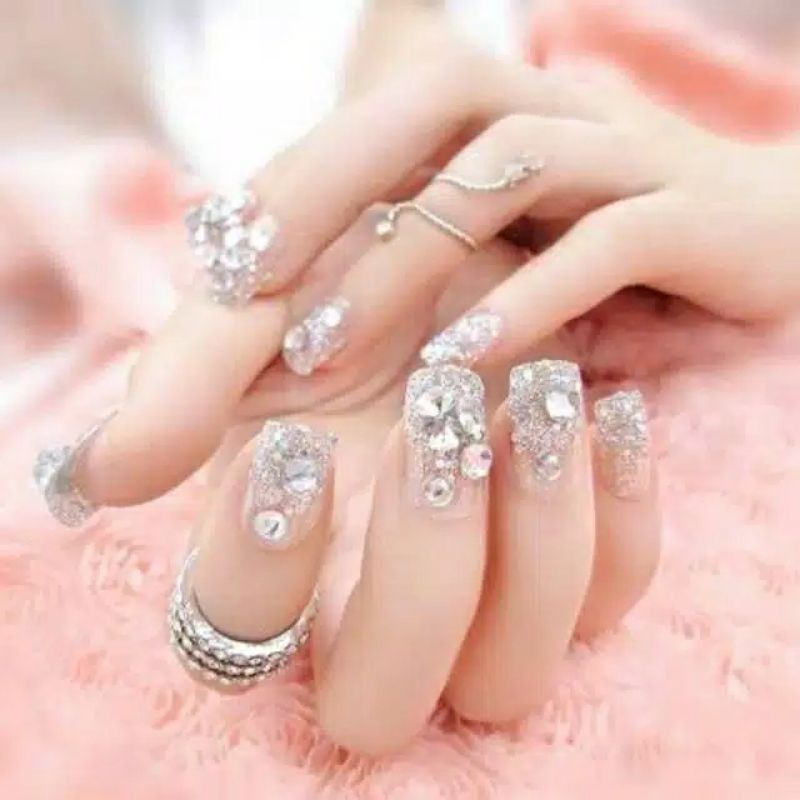 Wedding Party Fake Nail Clear Rhinestone Flower Kuku Palsu Pesta 3D + LEM - Kuku Palsu Tempel Pasang