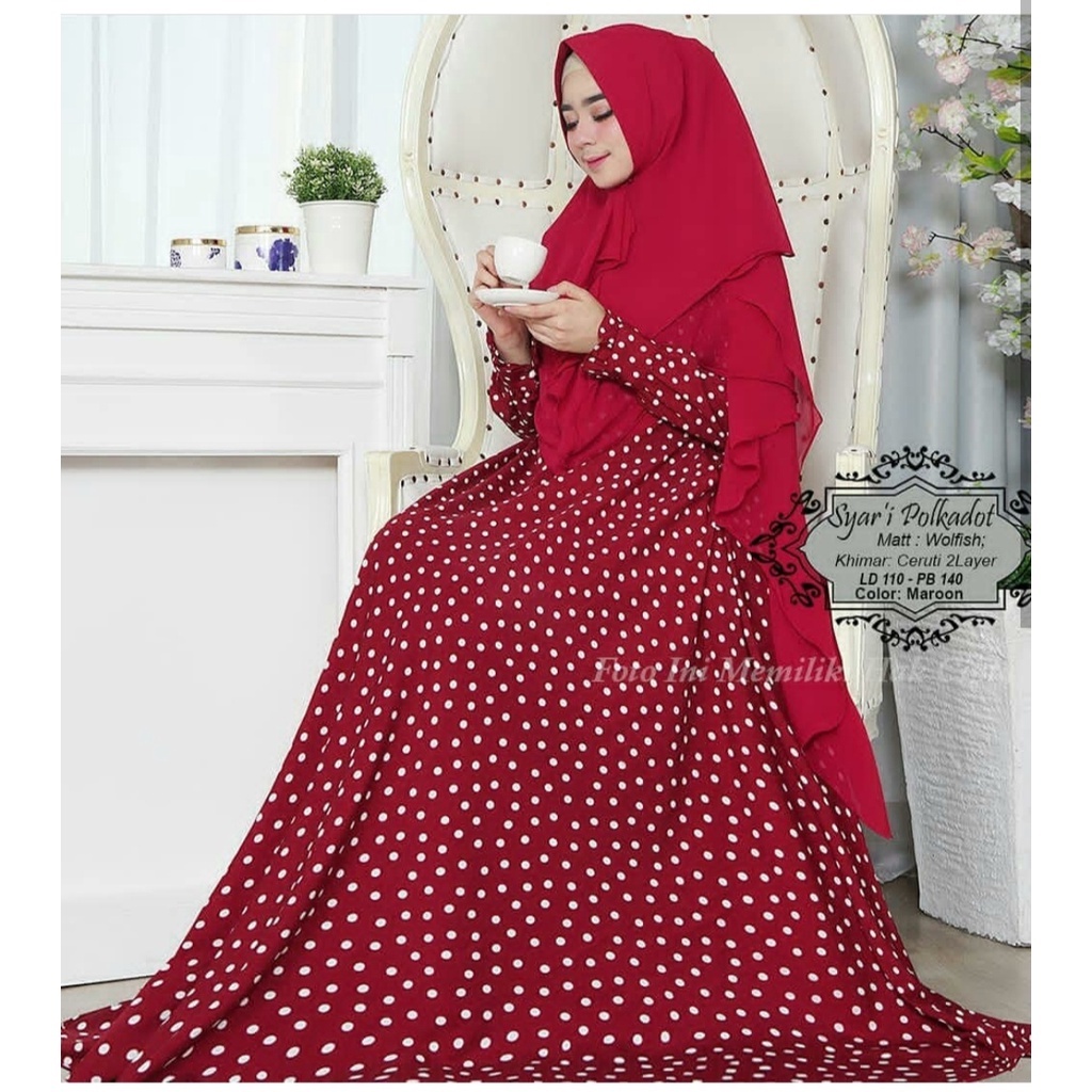 gamis syarii mayung polkadot monalisa set hijab ceruty 2 layer fashion muslim kekinian