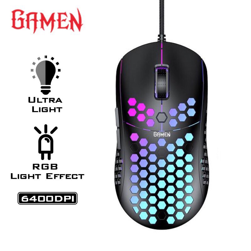 GAMEN GM710 6400 DPI Macro Ultralight Gaming Mouse 72 gram Black-Garansi 1 Tahun