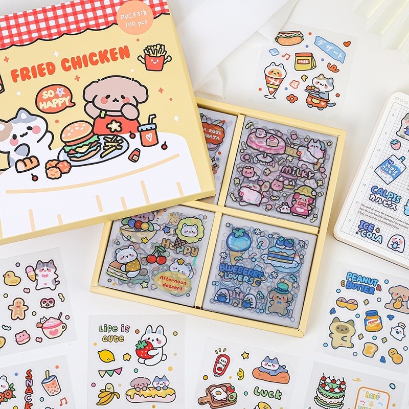 

[minni.id] 1pcs Sticker Food Cute Cat and Dog