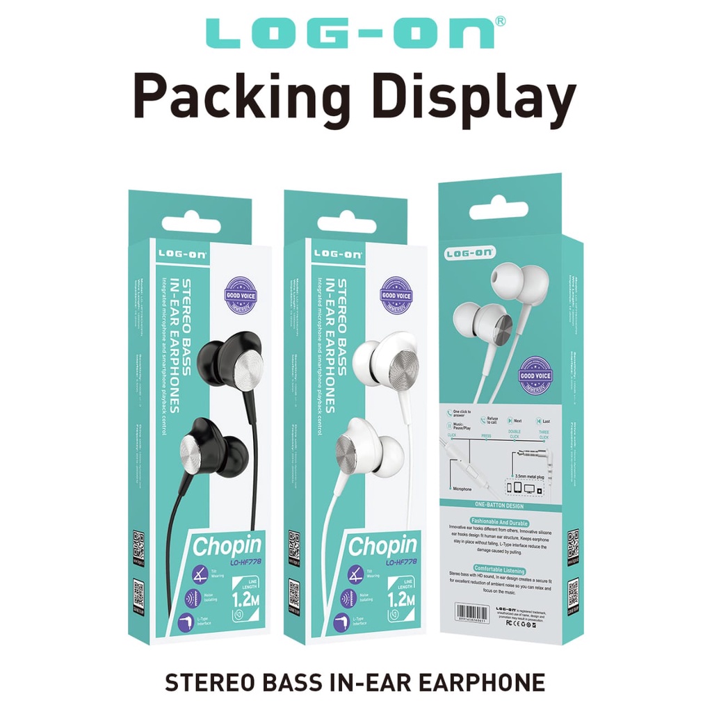 LOG ON HANDSFREE/HEADSET/EARPHONE CHOPIN LO-HF778 STEREO BASS IN EAR-GARANSI RESMI