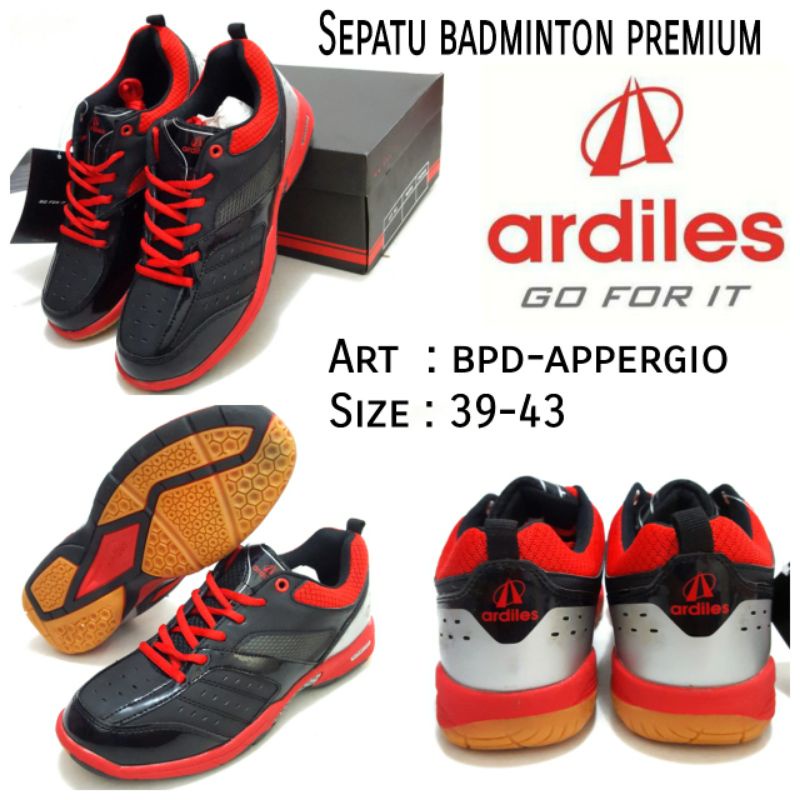 TERBARU SEPATU TALI BADMINTON PREMIUM COWOK ARDILES  APPERGIO HITAM MERAH MURAH SIZE 39-43