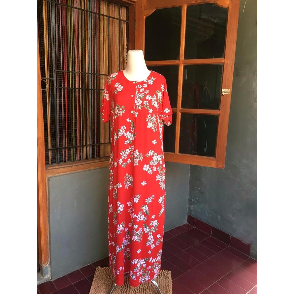 Daster Kaos Panjang Longdress Bunga Merah