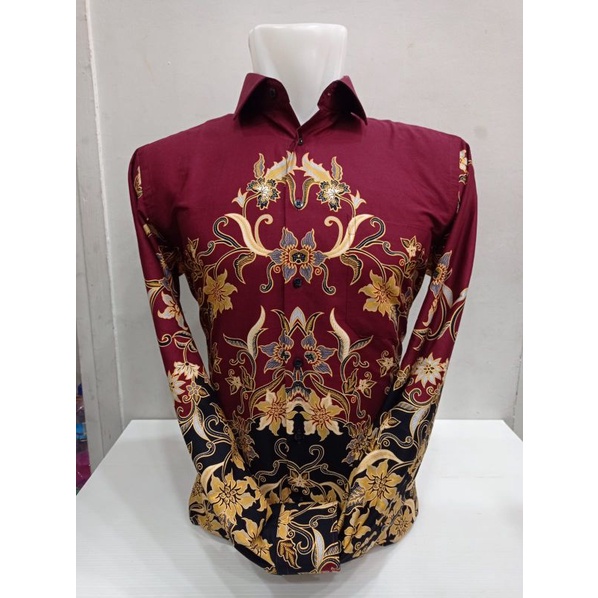 Alisan New Kemeja Batik Pria Bunga Emas Lengan Panjang Slimfit