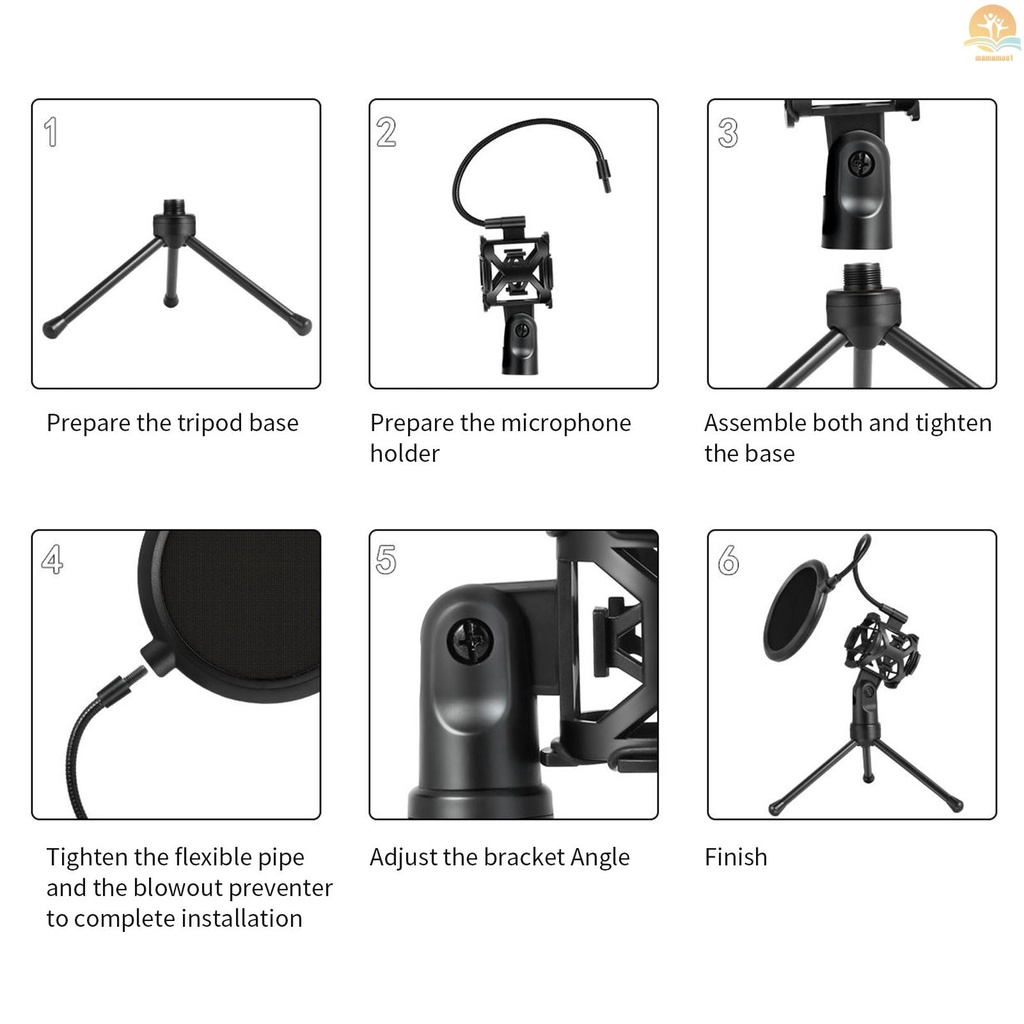 Desktop Microphone Tripod Stand Foldable Mic Stand with Shock Mount Portable Mic Holder Double-Net Pop Filter Gooseneck for Podcasts Internet Chat Meetings Lectures Online Show
