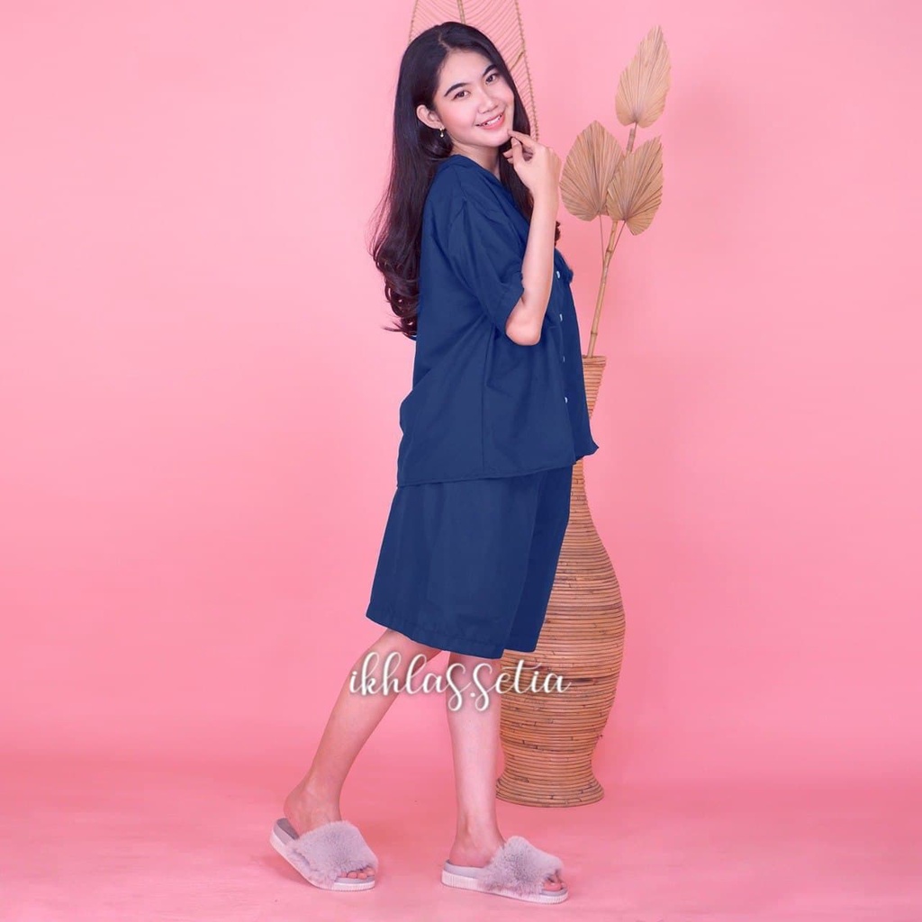 PIYAMA SETELAN PENDEK JUMBO KATUN KARAKTER BAJU TIDUR KANCING DEPAN-KJ POLOS NAVY