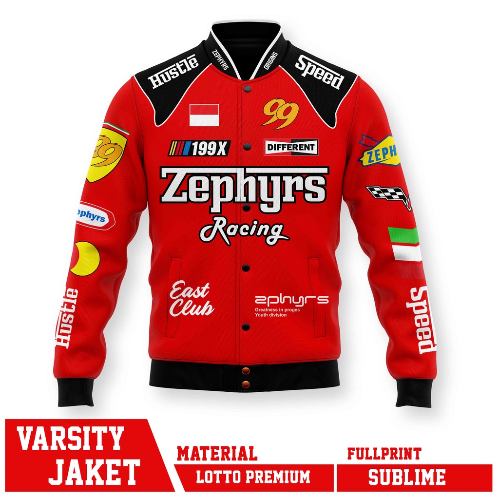 VARSITY JACKET RACING NASCAR HUSTLE SPEED ZEPHYRS BLACK FULLPRINT