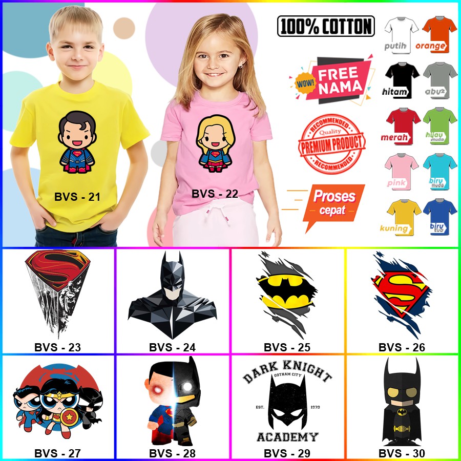 Baju Kaos ANAK DAN DEWASA BATMAN SUPERMAN WONDERWOMAN JOKER HARLEY COUPLE (FREE NAMA)