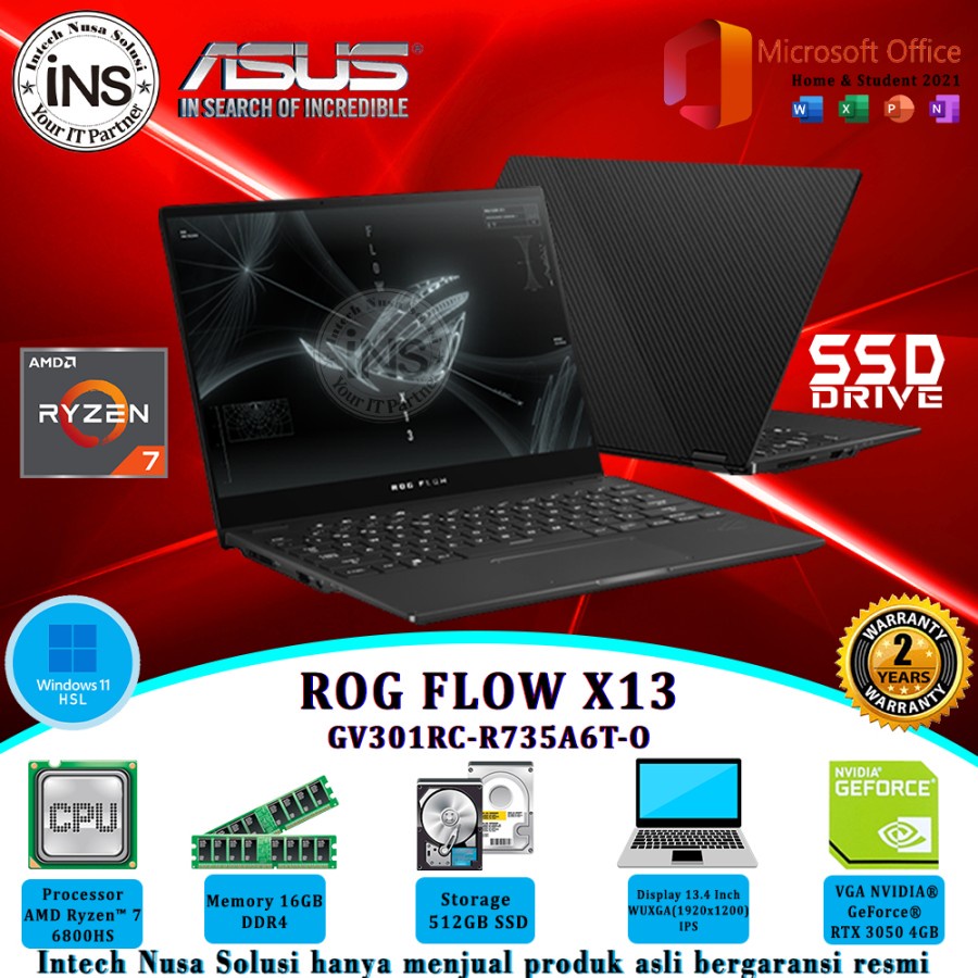ASUS ROG Flow X13 GV301RC Ryzen 7 6800HS 16GB 512GB SSD VGA WIN11HSL OHS 21 2YR