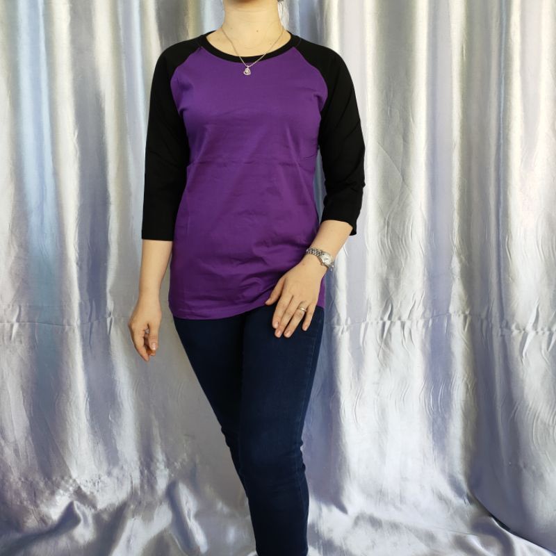 kaos polos reglan wanita (unisex) lengan 3/4 uk m l xl xxl-Ungu/hitam 3/4