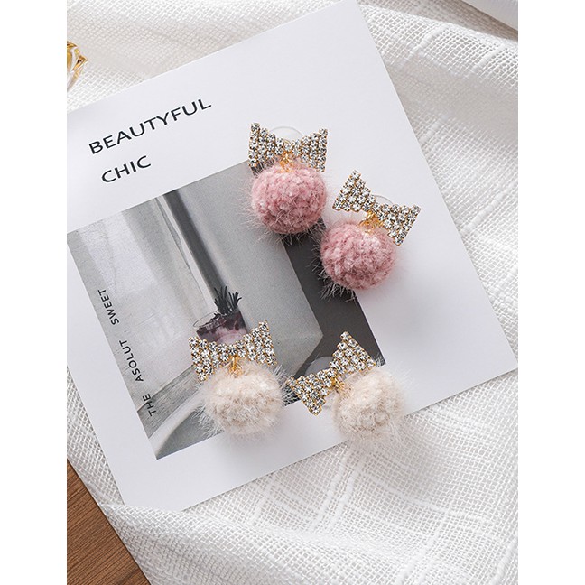 LRC Anting Tusuk Fashion Pink 925 Silver Pin With Rhinestone Bow Ball Earrings D48784