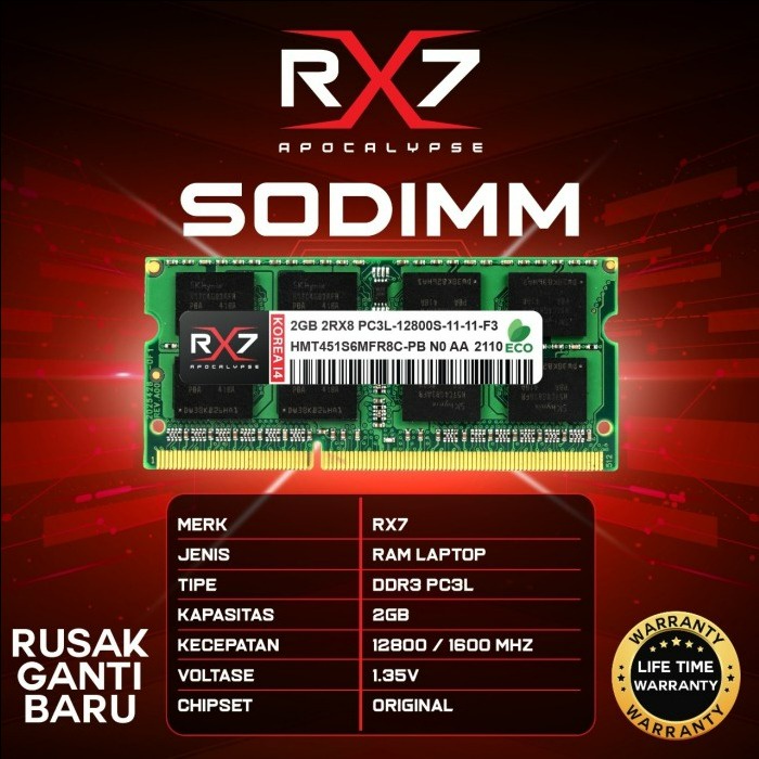 MEMORY RAM LAPTOP RX7 DDR3L 2GB 12800 Mhz 1.35V GARANSI LIFETIME WARRANTY