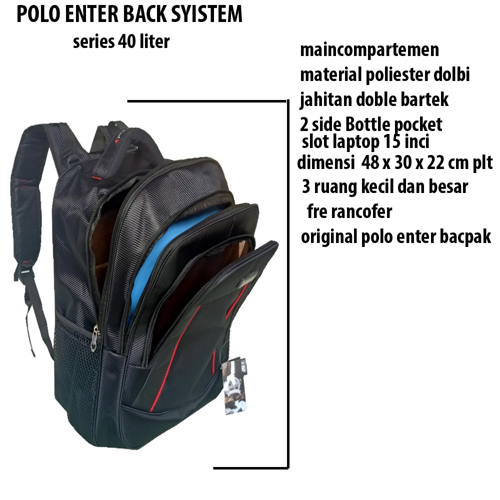 Polo Enter Backpack Casual Laptop Fintage Original FT00023 - 17 - Black + Raincover Waterproop