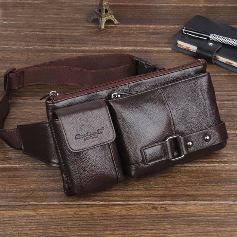 Tas pinggang pria serbaguna-waist bag kulit multifungsi cheersoul 8811 coklat original