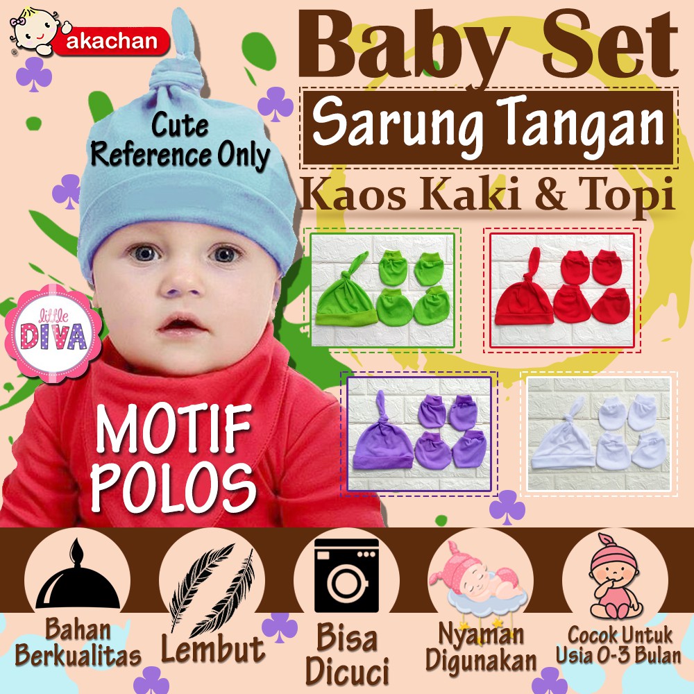 STK Topi Bayi NEWBORN Polos AKACHAN Sarung Tangan Kaos Kaki &amp; Topi Bayi stk akachan - Motif Polos