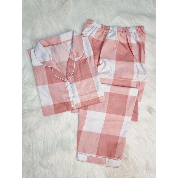 Baju Tidur Piyama Wanita/Cewek Pajamas Dewasa Katun Motif Daun-CP EMILY PINK