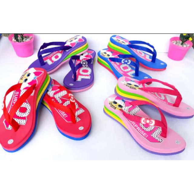 Sandal wedges spon anak L.O.L pelangi