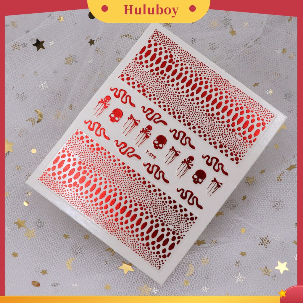 Huluboy Huluboy♡ 9 Pcs / Set Stiker Kuku Motif Print Ular Efek 3D Warna Hitam Untuk Dekorasi Manicure