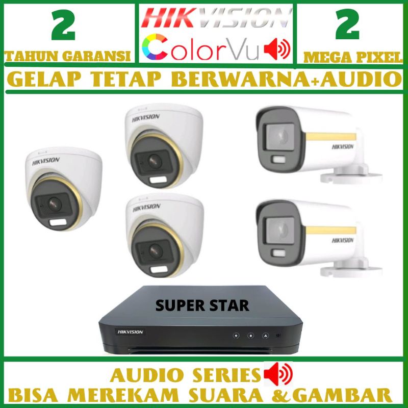 PAKET CCTV COLORVU HIKVISION 8 CHANNEL 5 KAMERA 2MP AUDIO SERIES 24JAM BERWARNA