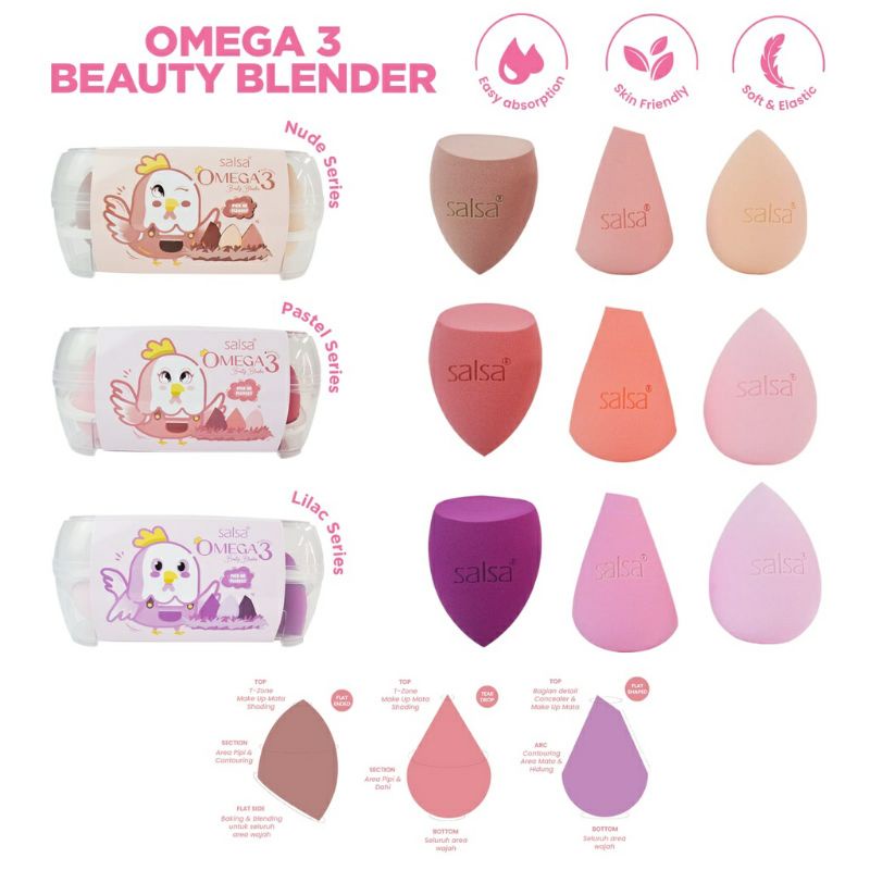 SALSA Omega 3 Beauty Blender Sponge 3in1 + Box (Nude/Lilac/Pastel) - Spons Beauty Blender isi 3