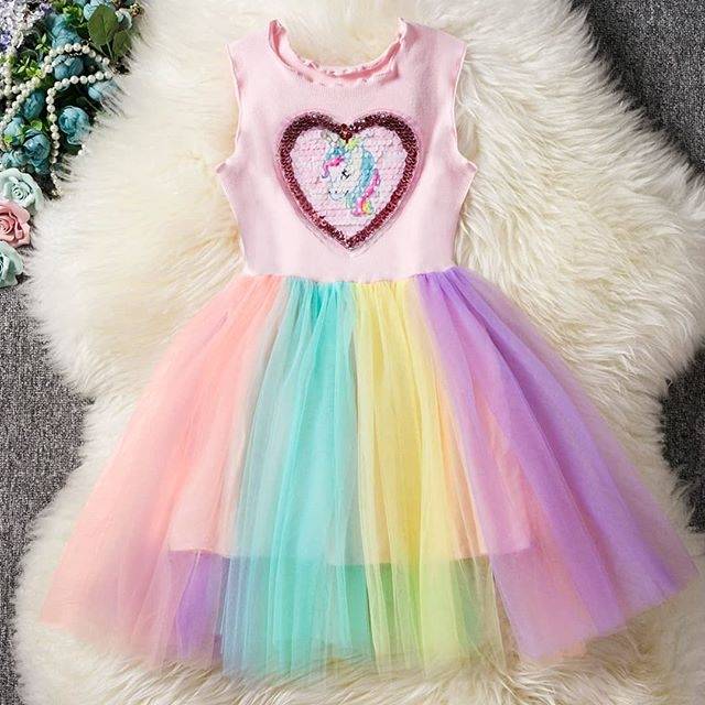 81100 DRESS UNICORN SEQUIN / DRESS TUTU RAINBOW / GAUN TUTU ANAK IMPORT KOREA LUCU HALUS BLING