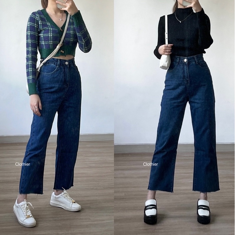 CLOTHIER - Bailey Mom Jeans | Unfinished Hem Cropped Dark Blue Washed Denim